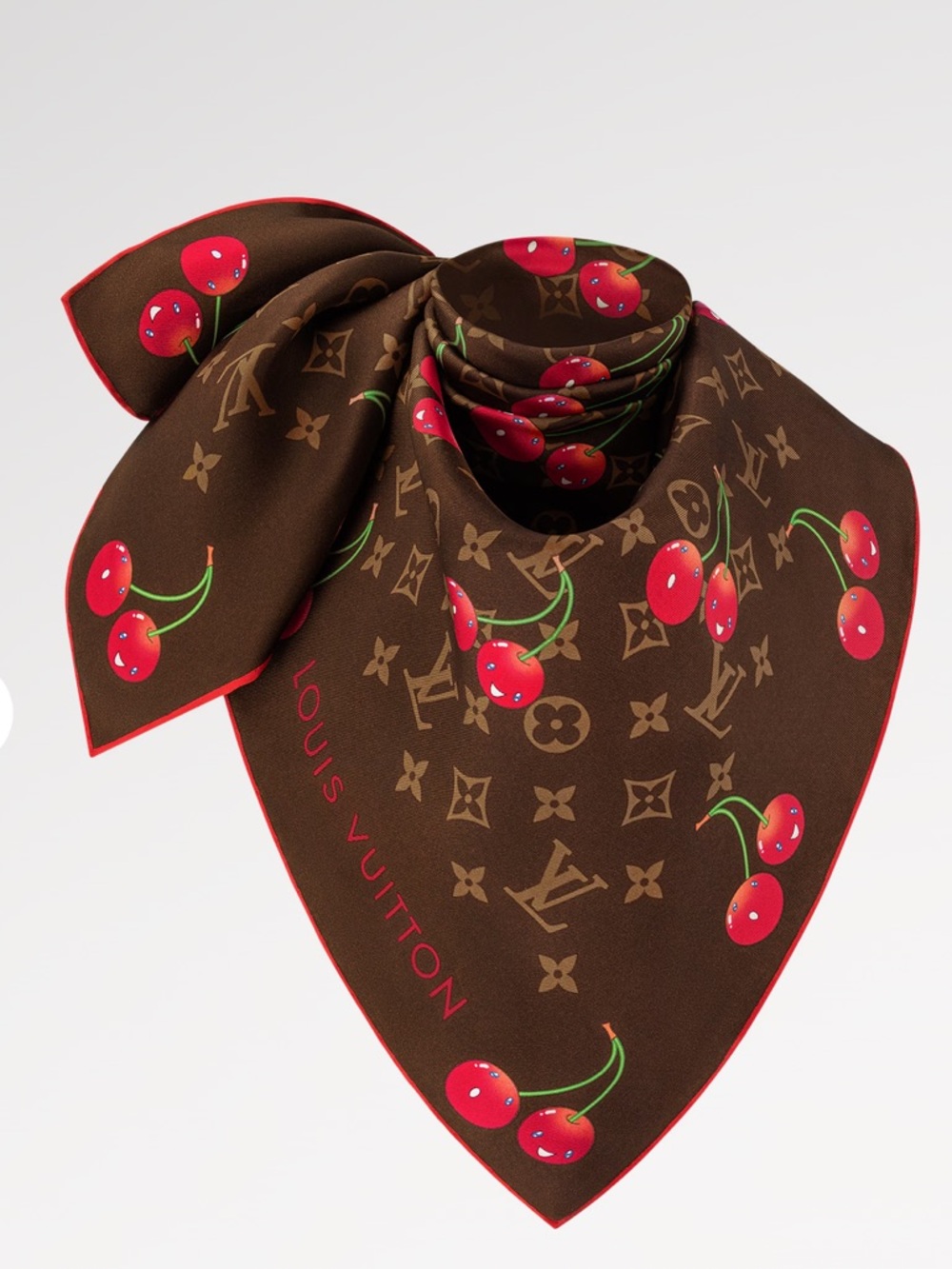 Louis Vuitton Brown Monogram Cherry Silk Scarf - Red Accents - Picture 2 of 8
